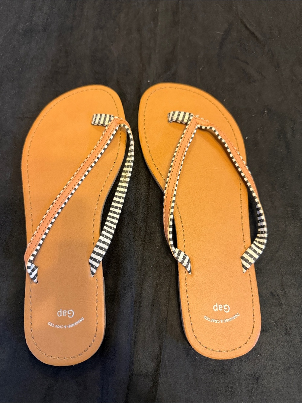GAP Tan Flip Flops with Black-and-White Striped Straps NWOT